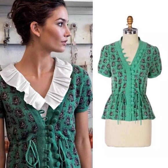Anthropologie Sweaters - Leifsdottir Anthropologie Intarsia Rose Cardigan Rare Unique Green Wool Blend M